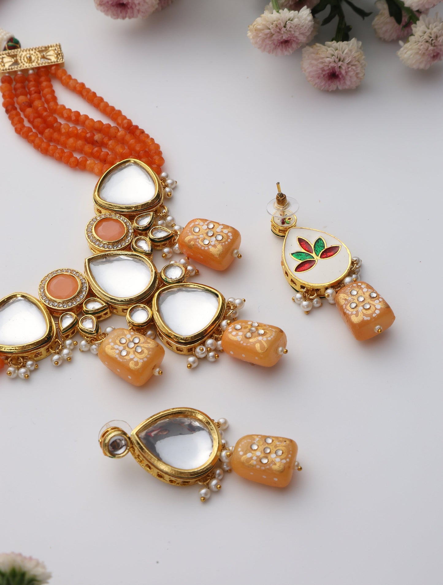 Dhiyona ST Orange Color Kundan Meena Necklace & Earring Set