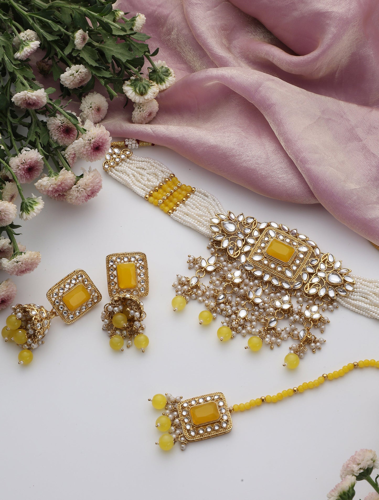 Dhiyona ST Yellow Pearl Choker Kundan Necklace, Earring and Maang Teeka Set
