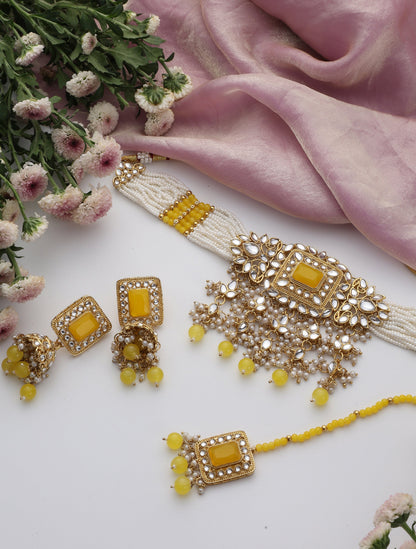 Dhiyona ST Yellow Pearl Choker Kundan Necklace, Earring and Maang Teeka Set
