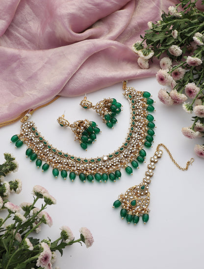 Dhiyona ST Green Color Kundan Necklace, Earring and Maang Teeka Set