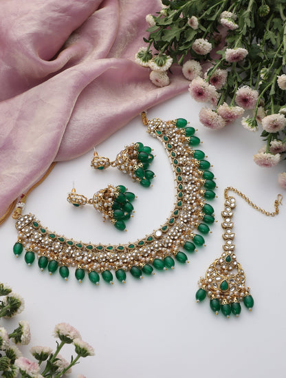 Dhiyona ST Green Color Kundan Necklace, Earring and Maang Teeka Set