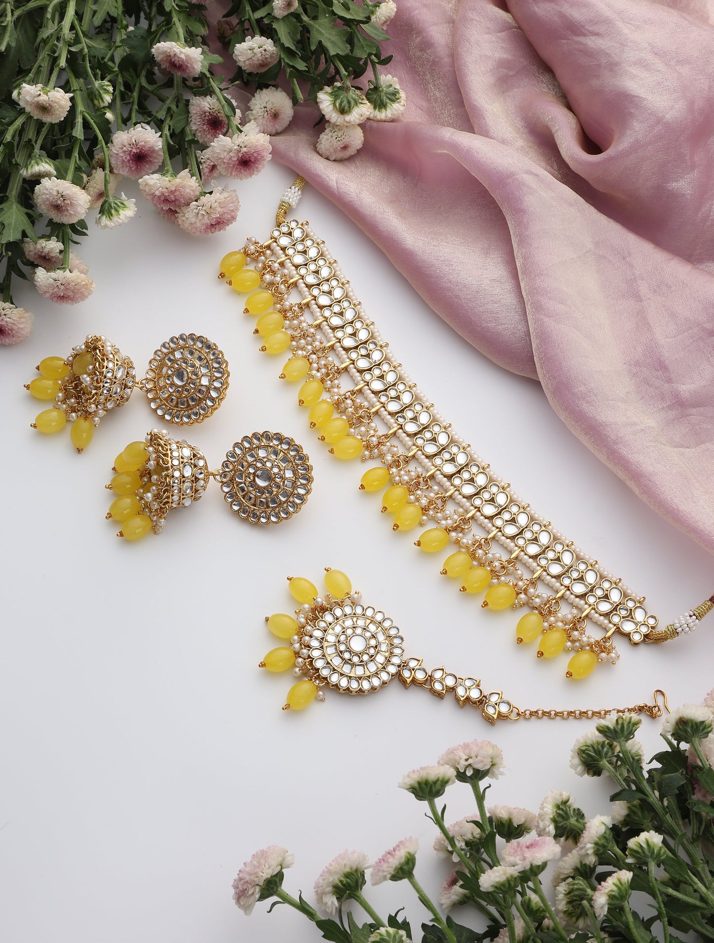 Dhiyona ST Yellow Color Drop Choker Kundan Necklace, Earring and Maang Teeka Set