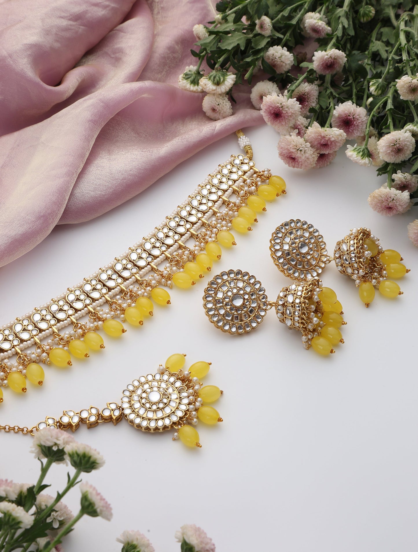 Dhiyona ST Yellow Color Drop Choker Kundan Necklace, Earring and Maang Teeka Set