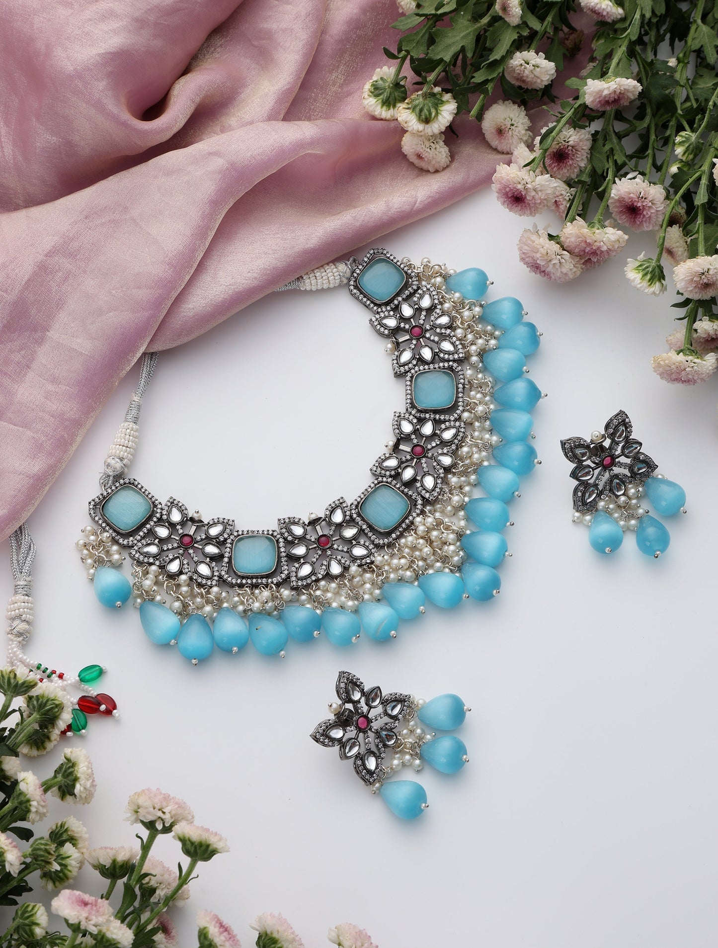 Dhiyona ST Firozi Color American Diamond Necklace & Earring Set