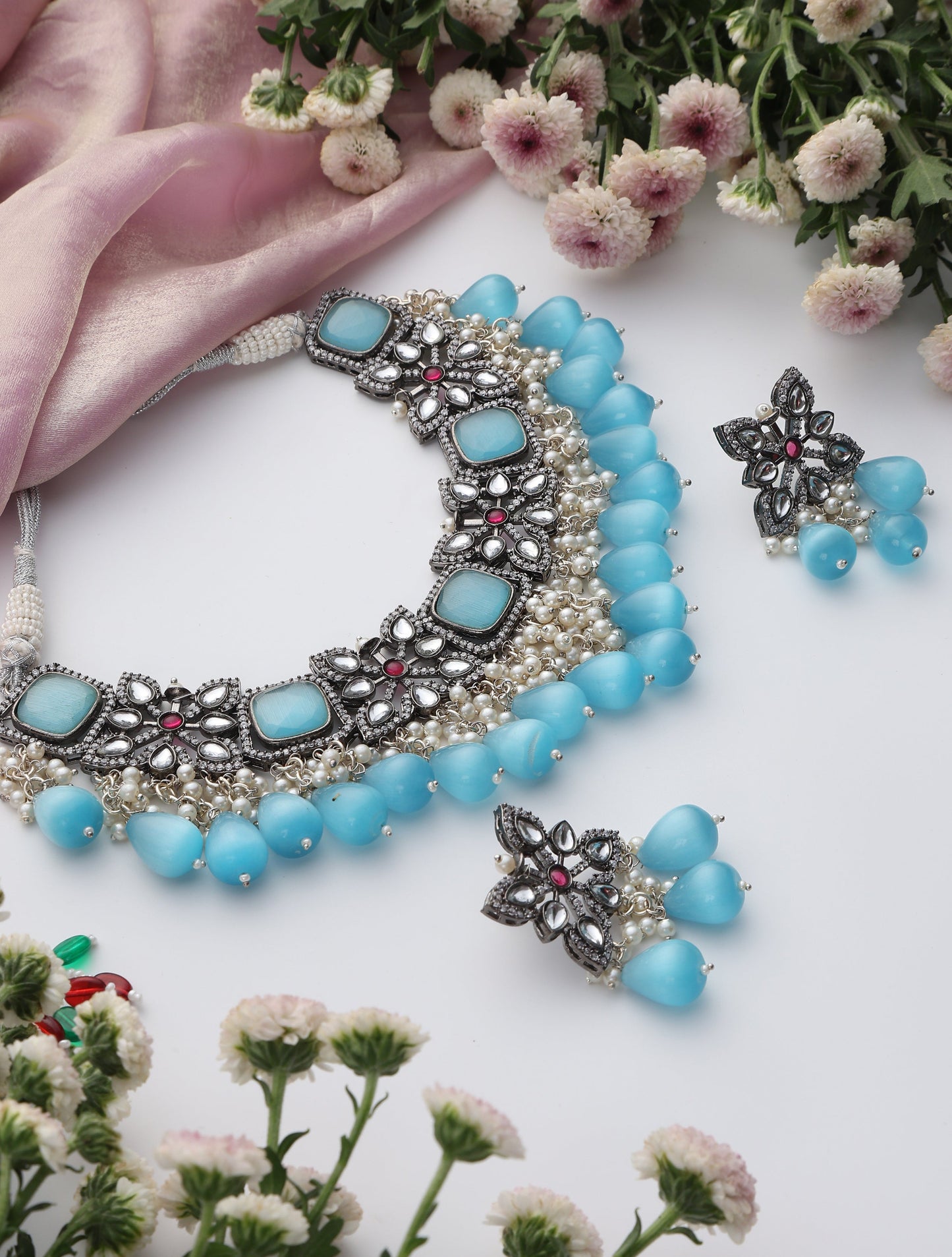 Dhiyona ST Firozi Color American Diamond Necklace & Earring Set