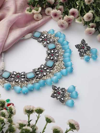 Dhiyona ST Firozi Color American Diamond Necklace & Earring Set