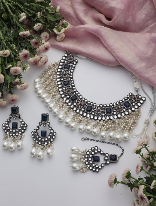 Dhiyona ST Blue Pearl Drop American Diamond Necklace, Earring and Maang Teeka Set