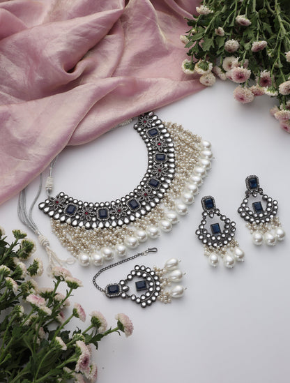 Dhiyona ST Blue Pearl Drop American Diamond Necklace, Earring and Maang Teeka Set
