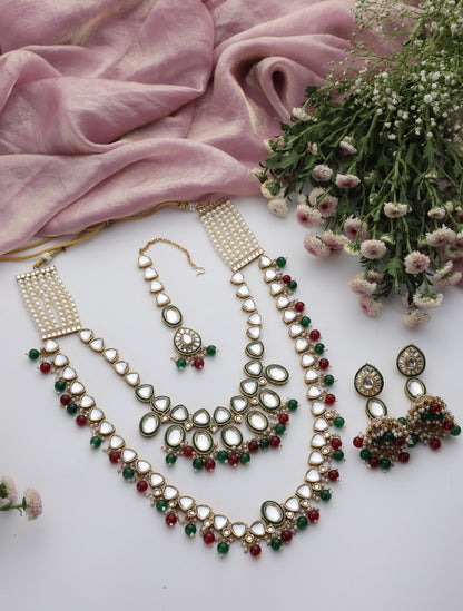 Dhiyona ST Maroon & Green Color Long Kundan Necklace, Earring and Maang Teeka Set