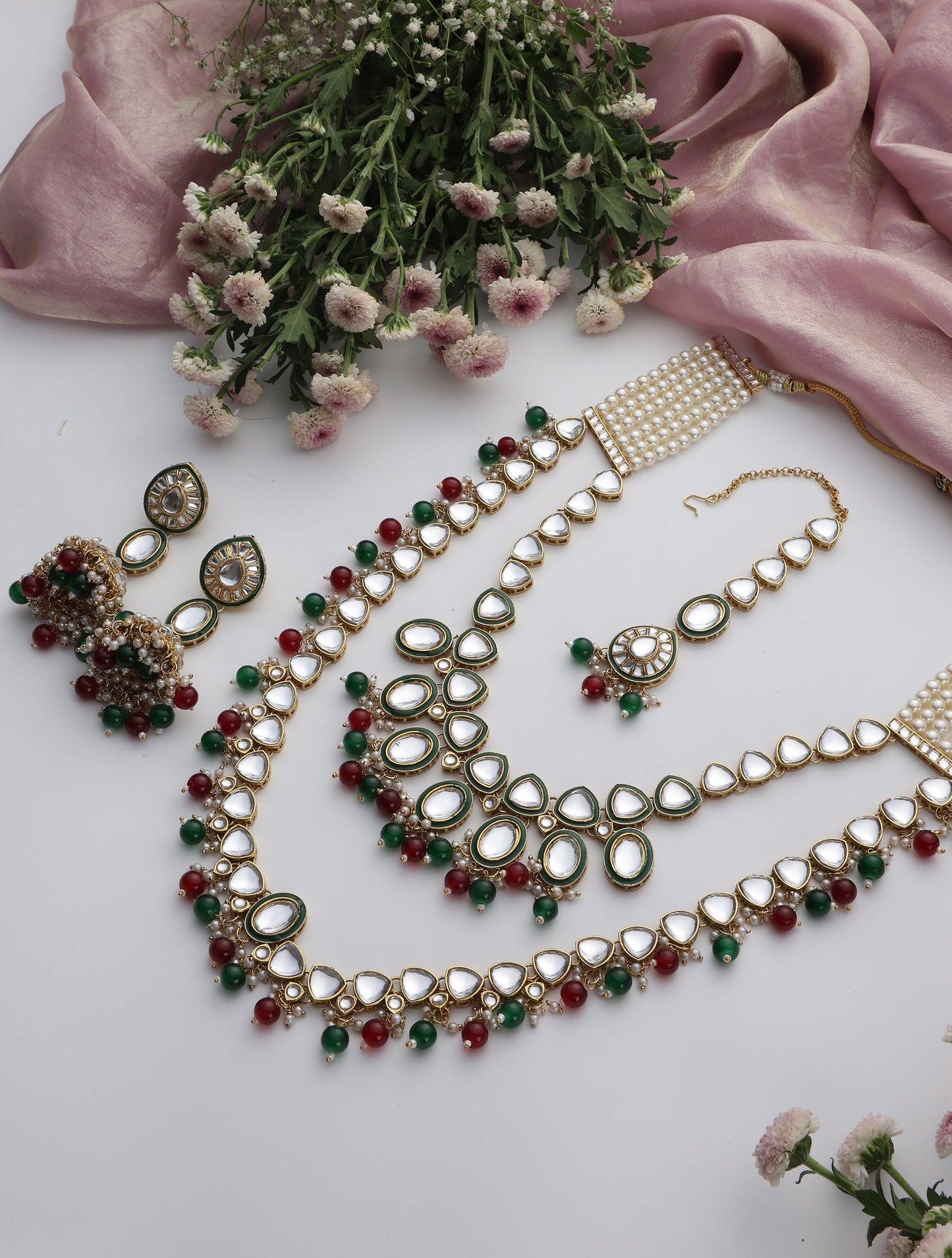Dhiyona ST Maroon & Green Color Long Kundan Necklace, Earring and Maang Teeka Set