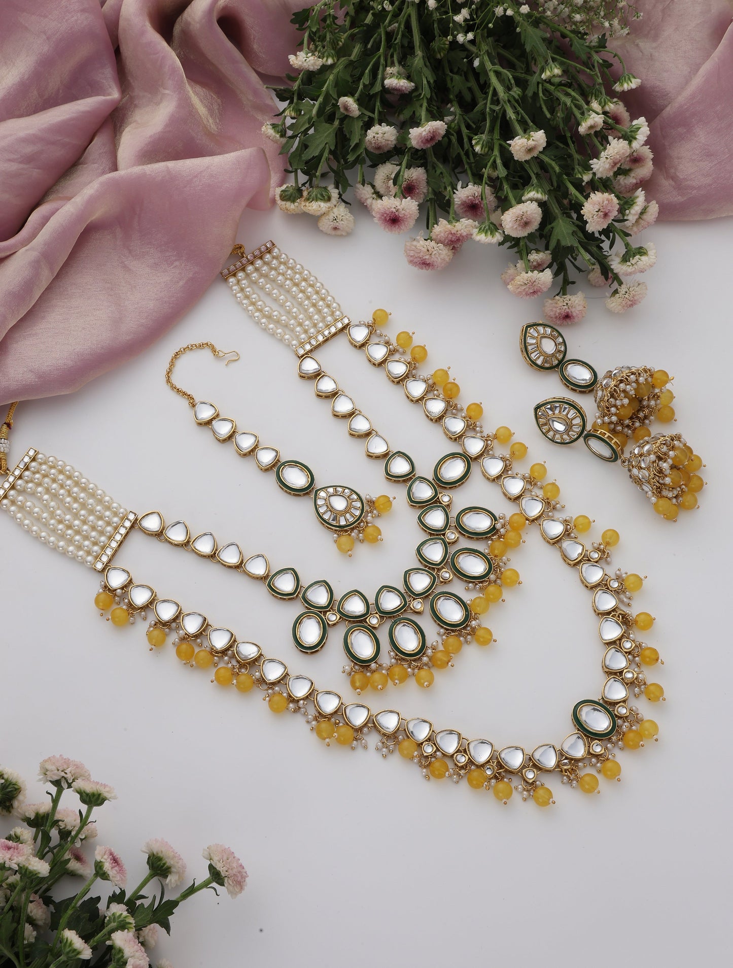 Dhiyona ST Yellow Color Kundan Long Necklace, Earring and Maang Teeka Set