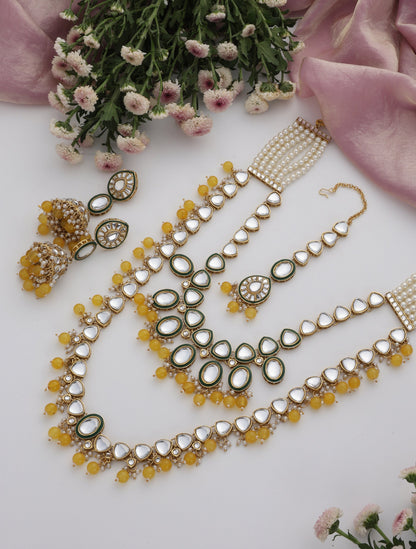 Dhiyona ST Yellow Color Kundan Long Necklace, Earring and Maang Teeka Set