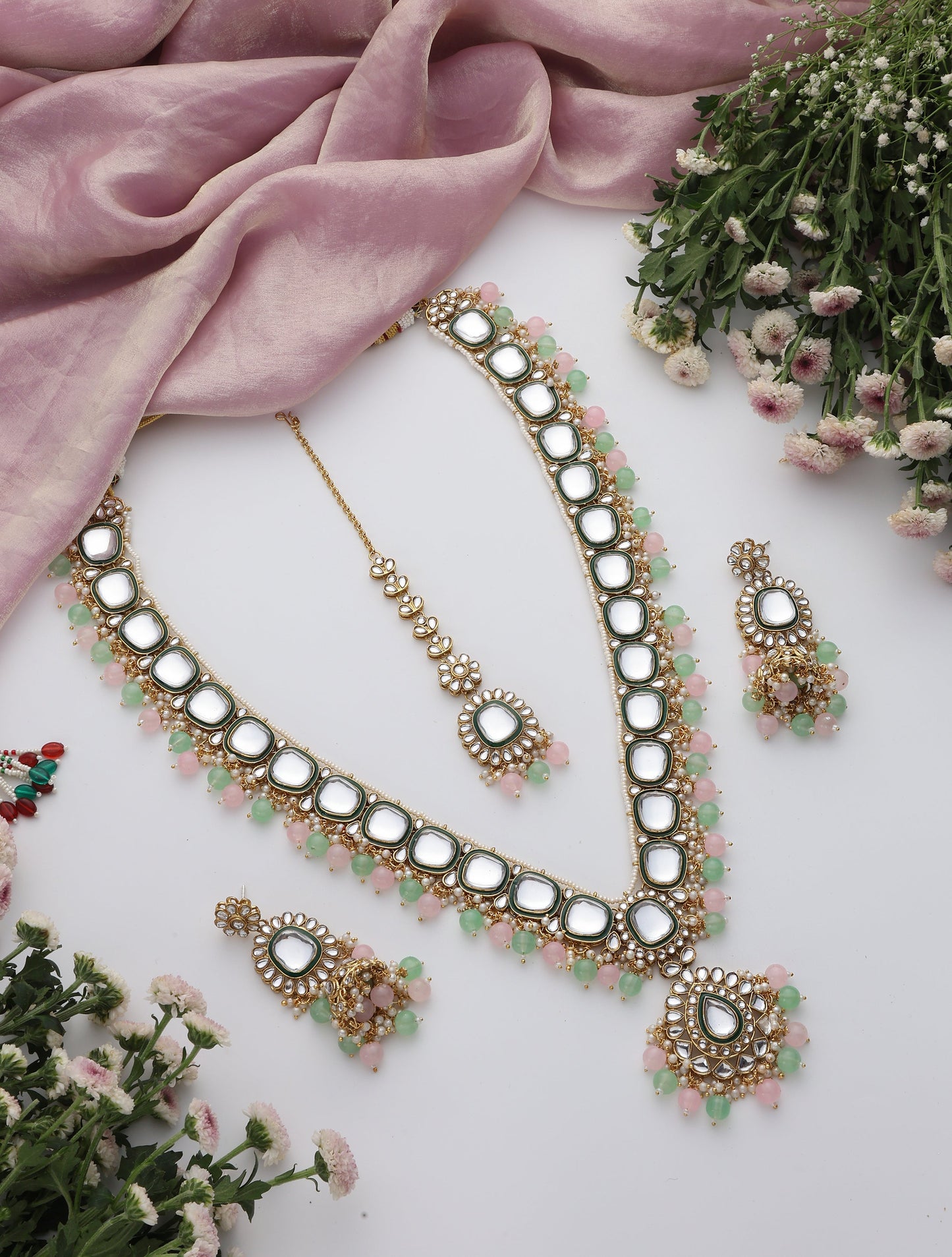 Dhiyona ST Pink & Parrot Green Color Long Kundan Necklace, Earring and Maang Teeka Set