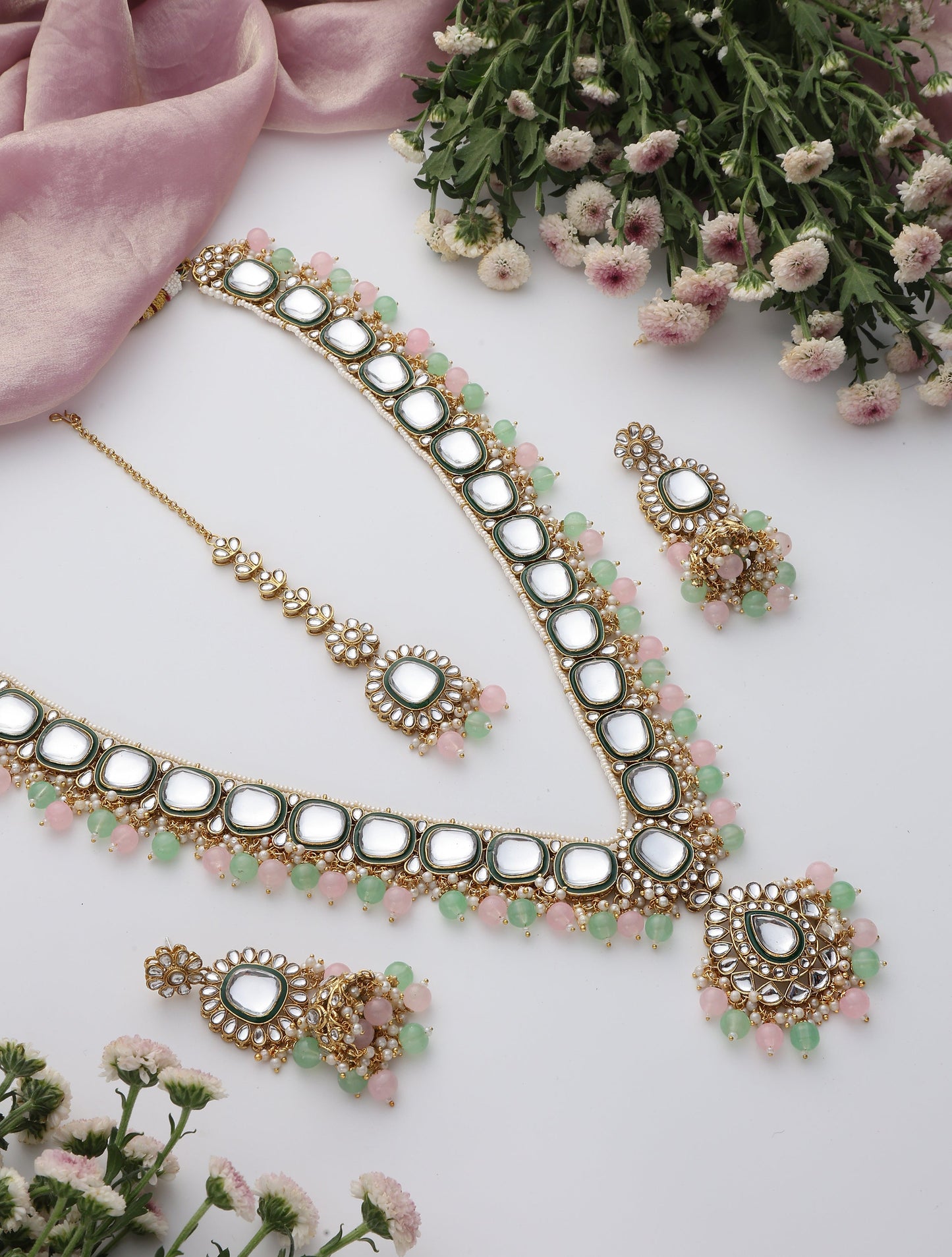 Dhiyona ST Pink & Parrot Green Color Long Kundan Necklace, Earring and Maang Teeka Set
