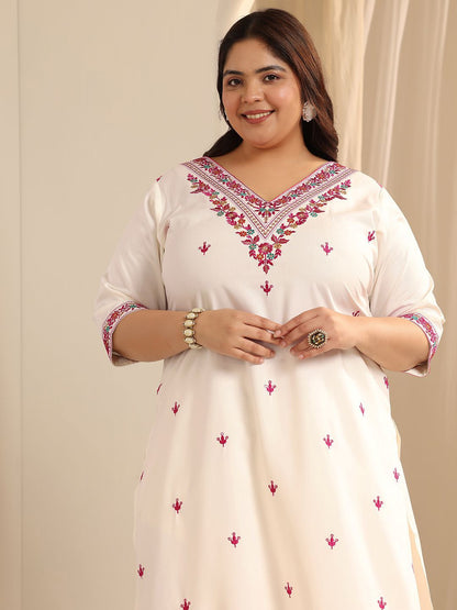 Dhiyona Women's Plus Size Floral Printed Thread Work Kurta With Salwar & Dupatta