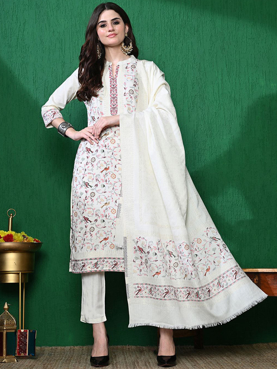 Dhiyona SN Floral Woven Design Winter Pashmina Kurta & Trouser With Dupatta