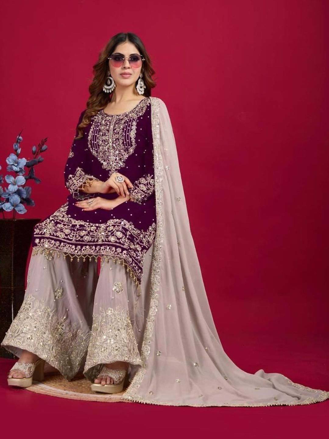 Dhiyona KL Women Embroidered Regular Sequinned Kurta with Sharara & With Dupatta