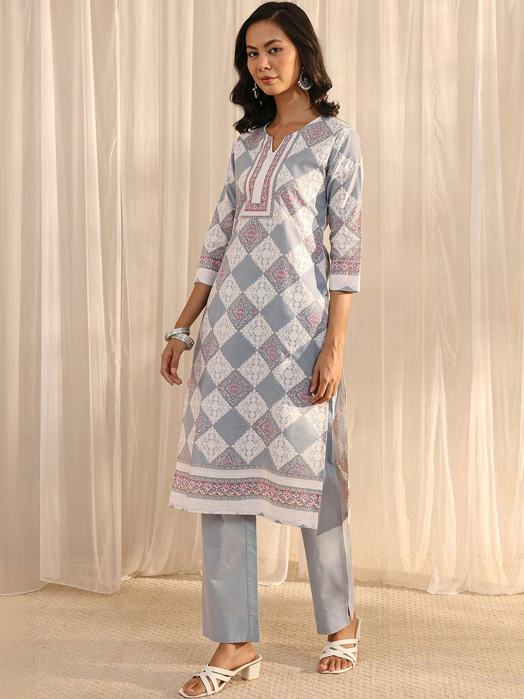 Libas Grey Geometric Printed Straight Suit Set with Dupatta