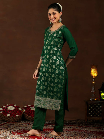 Women's LB Green Woven Design Silk Blend Straight Suit With Dupatta