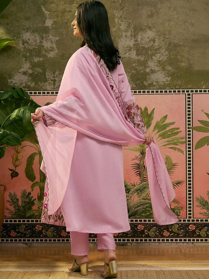 Embroidered V-Neck Kurta & Trousers with Dupatta Set