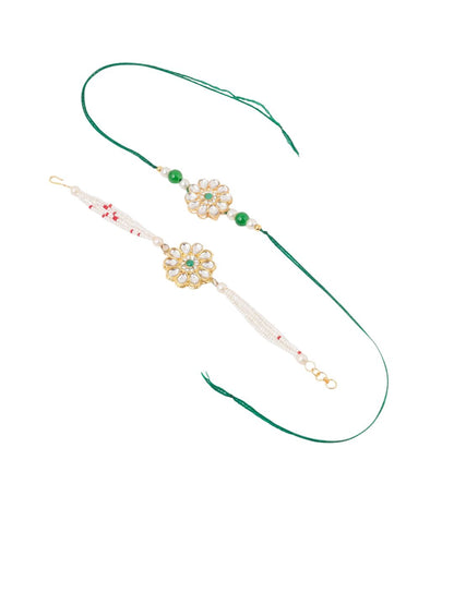 Dhiyona Set Of 2 Kundan Floral Design Gold Toned Bhaiya Bhabhi Rakhi Set With Roli Chawal