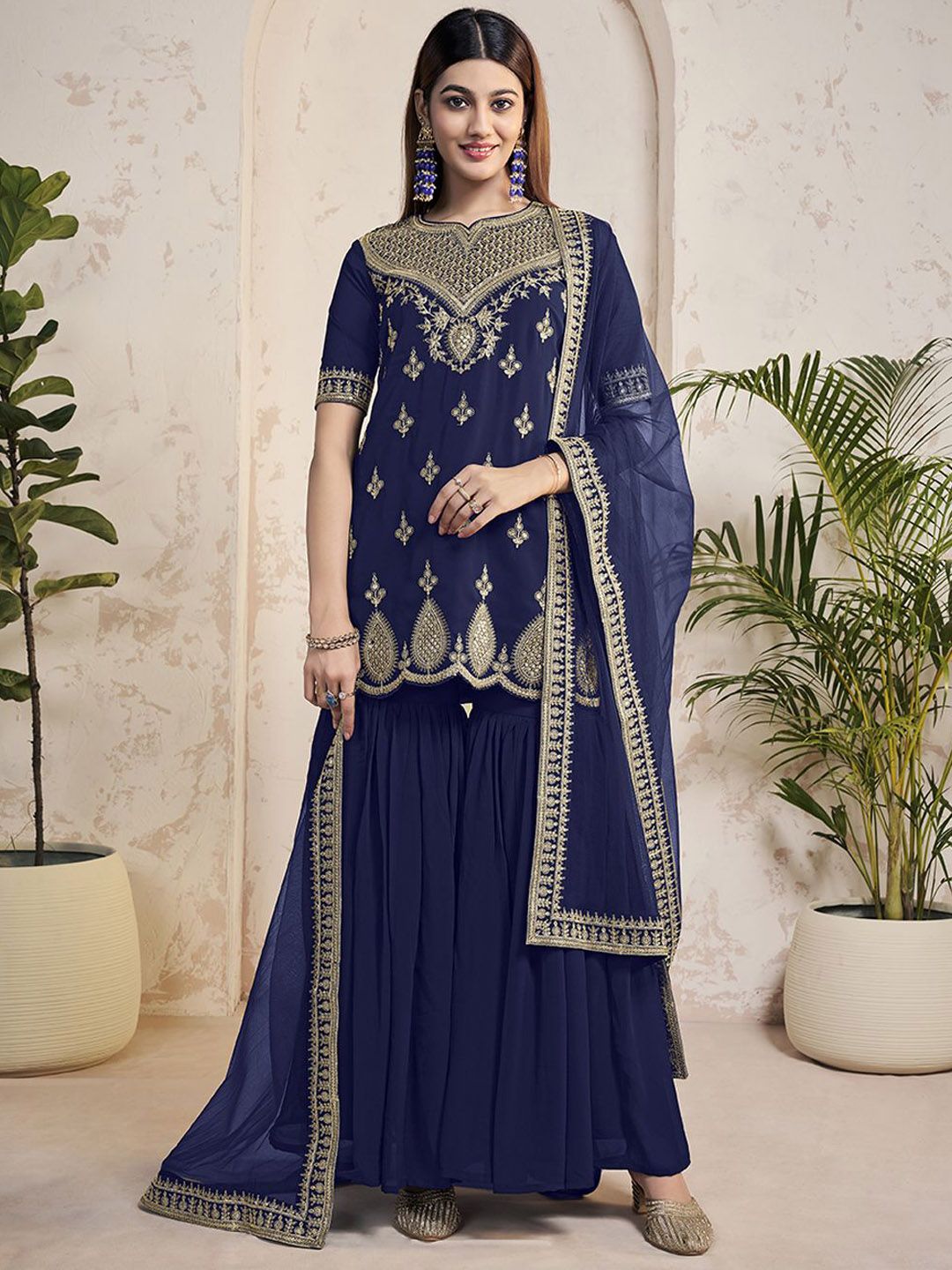 Dhiyona IN Women Ethnic Motifs Embroidered Regular Sequinned Kurta with Sharara & With Dupatta