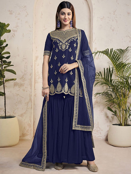 Dhiyona IN Women Ethnic Motifs Embroidered Regular Sequinned Kurta with Sharara & With Dupatta
