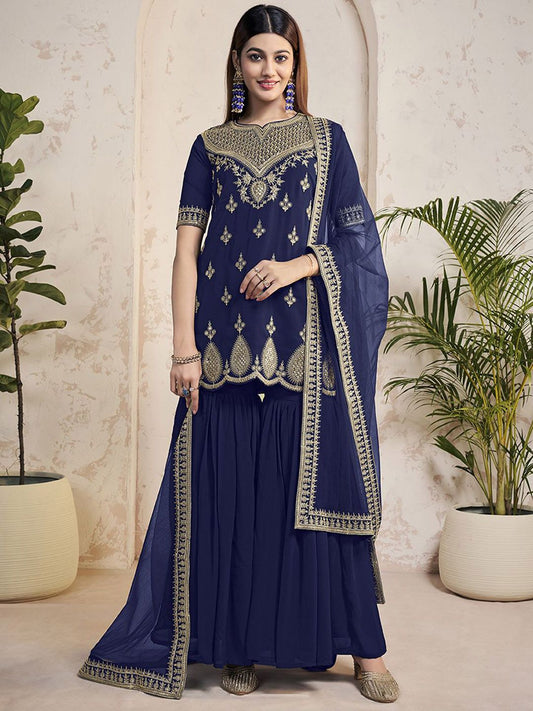 Dhiyona IN Women Ethnic Motifs Embroidered Regular Sequinned Kurta with Sharara & With Dupatta