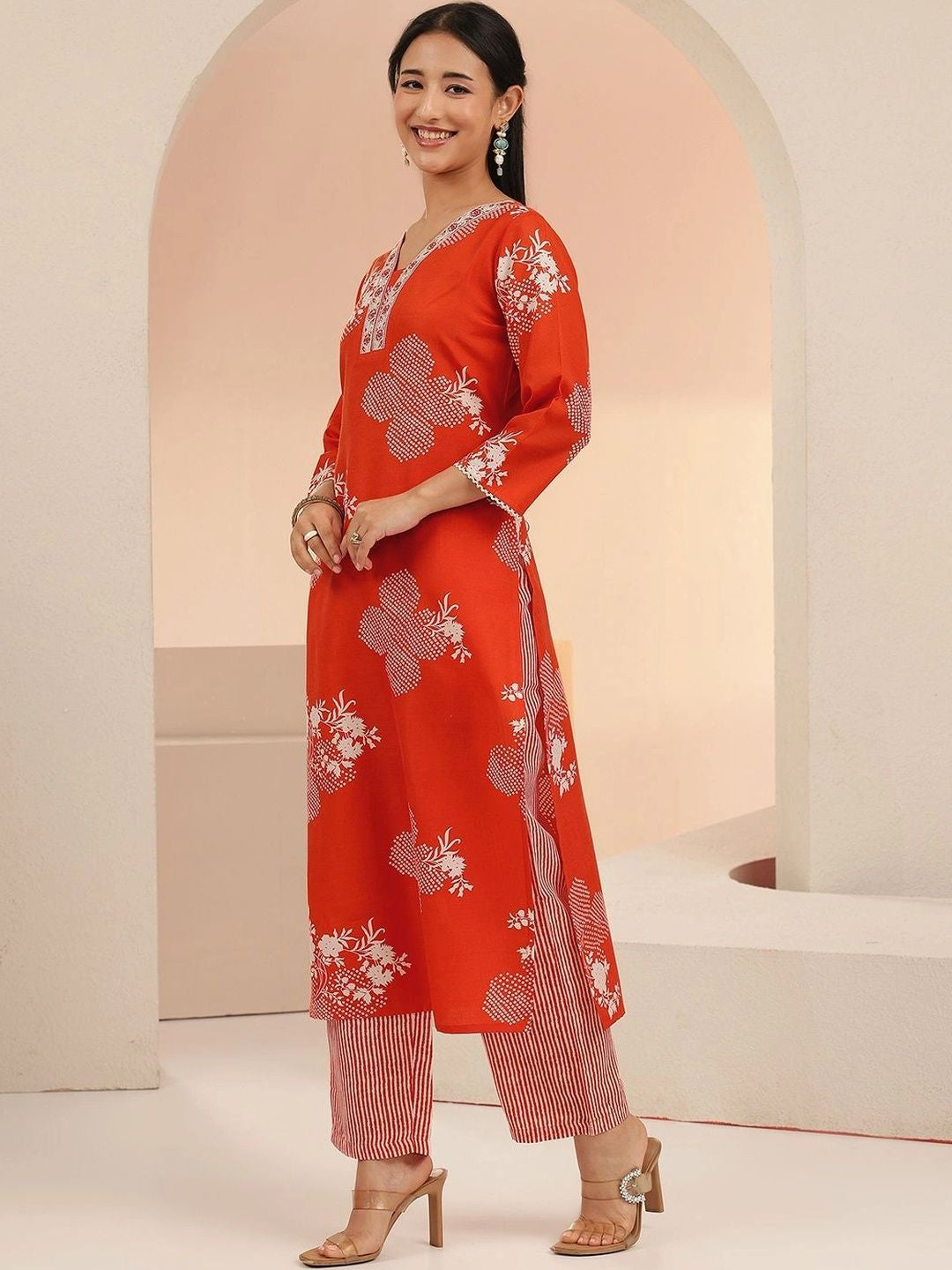 Orange Bandhani Printed Cotton Blend Straight Suit Set