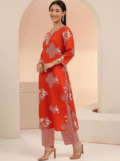 Orange Bandhani Printed Cotton Blend Straight Suit Set