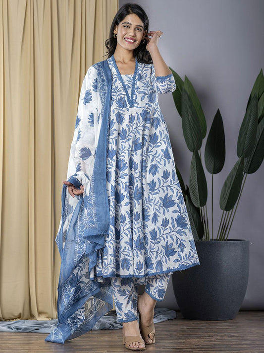 Dhiyona KL Floral Printed V-Neck Pure Cotton Anarkali Kurta With Trousers & Dupatta