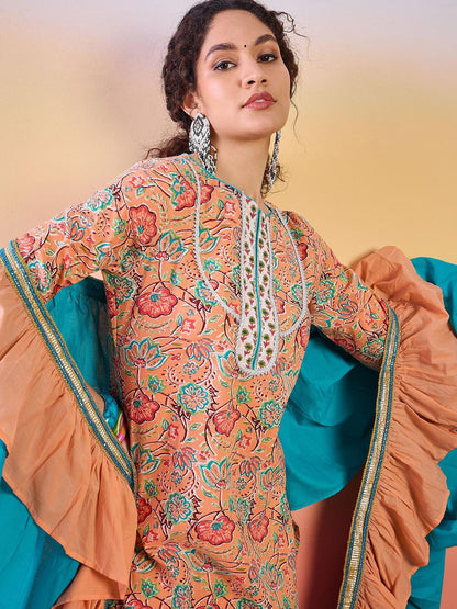 Floral Printed Gotta Patti Pure Cotton Kurta With Afgani Pant And Ruffled Dupatta