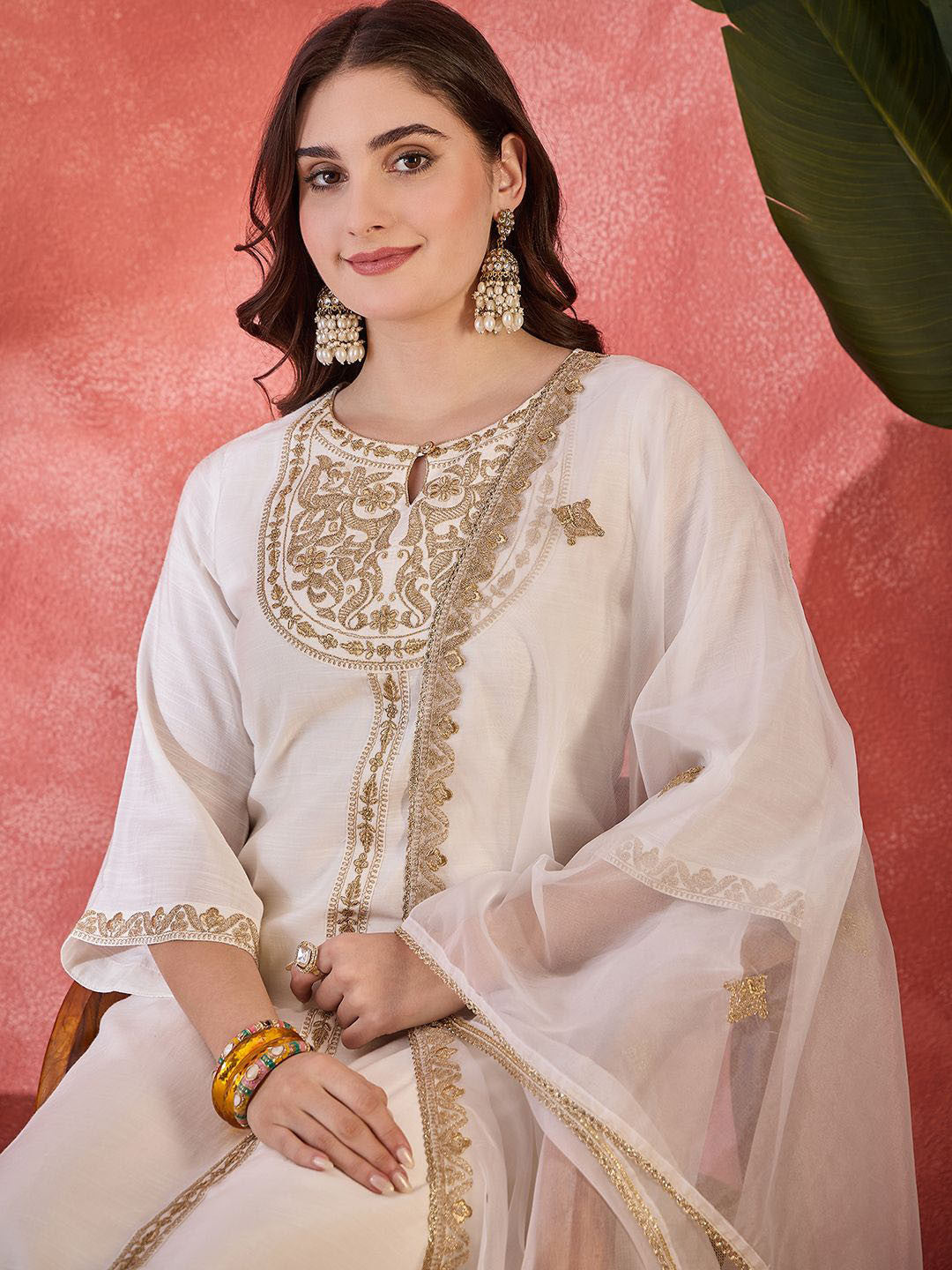 Zari Women Sequence Embroidered Straight Kurta & Trousers With Dupatta