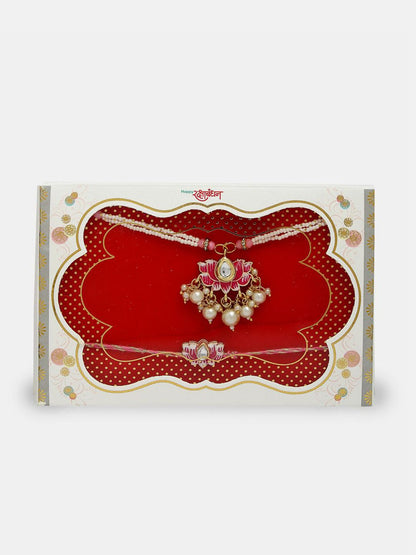 Dhiyona Unisex Set Of 2 Pink Lotus Shape Kundan-Studded & Beaded Wraparound Rakhi Set