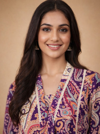 Printed V-Neck A-Line Kurta & Trousers