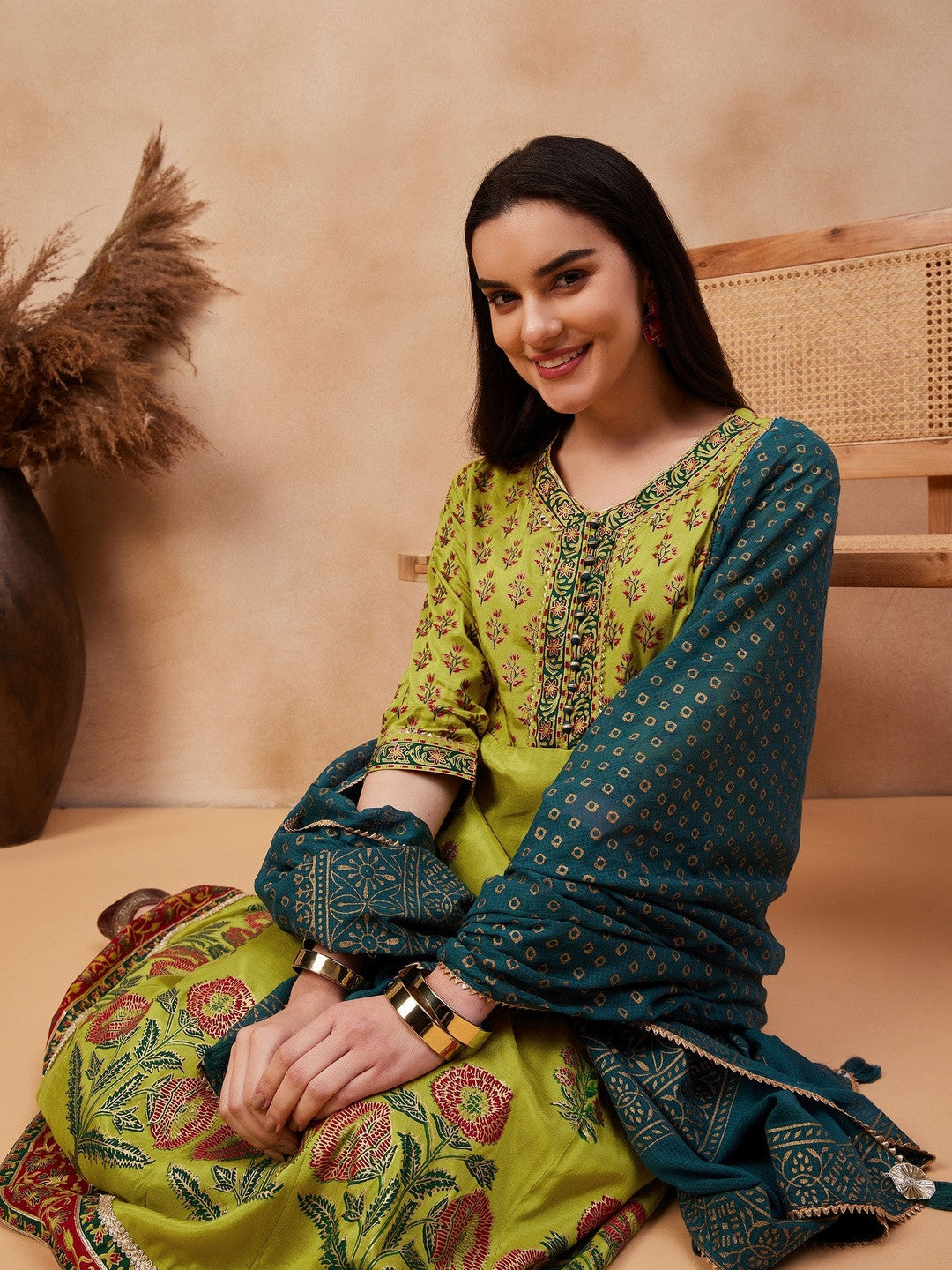 Dhiyona SN Printed Round Neck Kurta & Palazzos With Dupatta