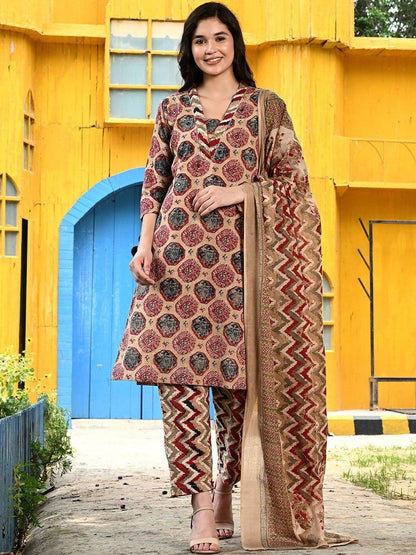 Women Ethnic Motifs Printed Regular Pure Cotton Kurta with Trousers & With Dupatta
