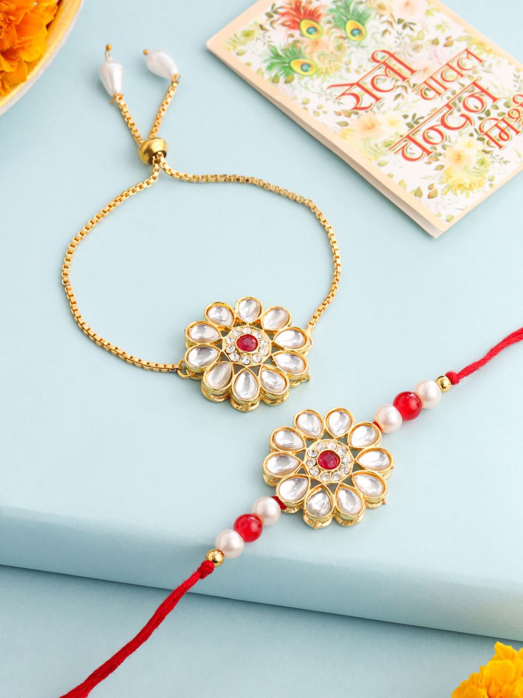 Dhiyona Set Of 2 Gold Toned Kundan Floral Design Bhaiya Bhabhi Rakhi Set With Roli Chawal