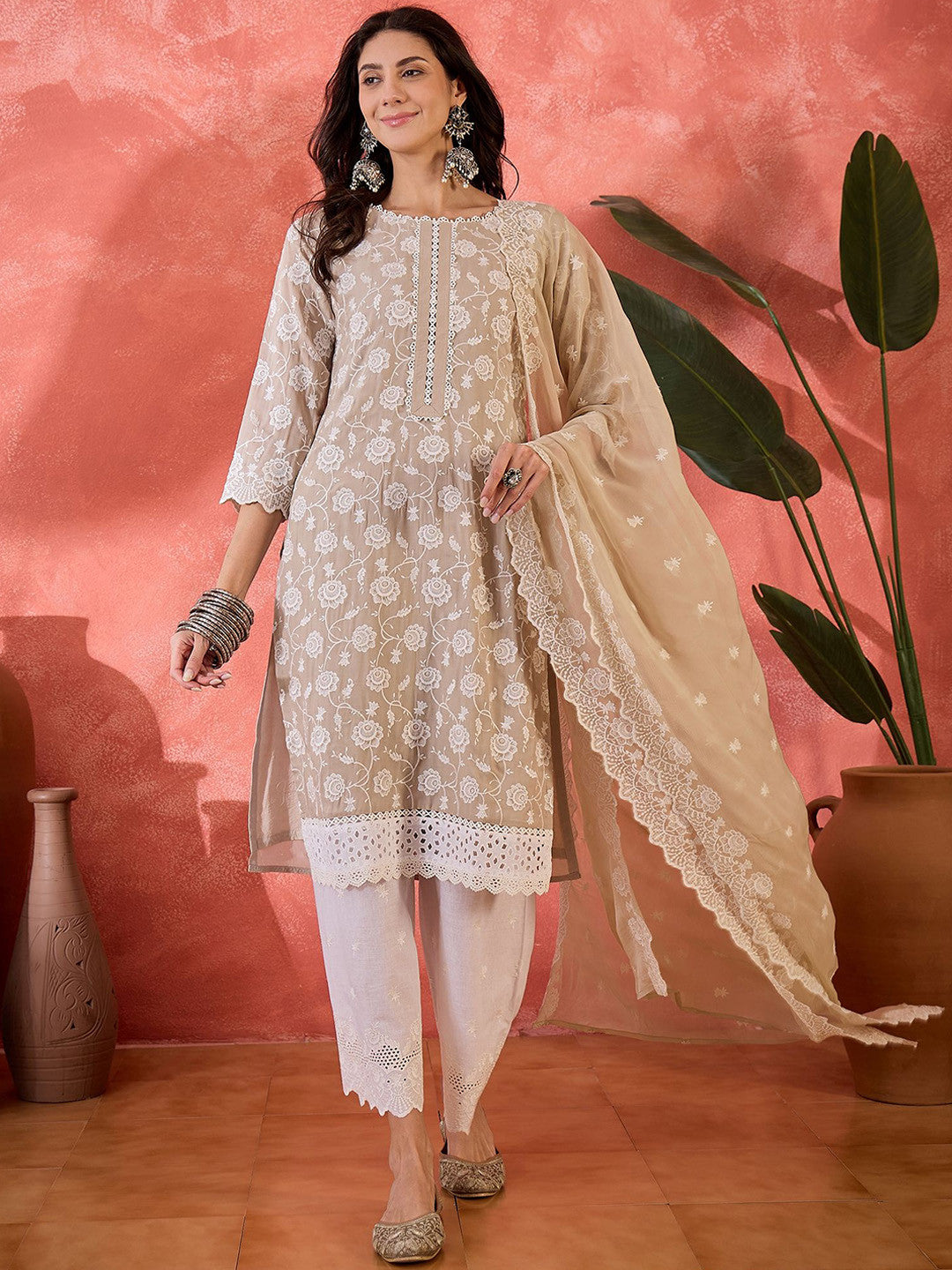 Dhiyona SN Women Floral Embroidered Cotton Kurta with Palazzo & Dupatta