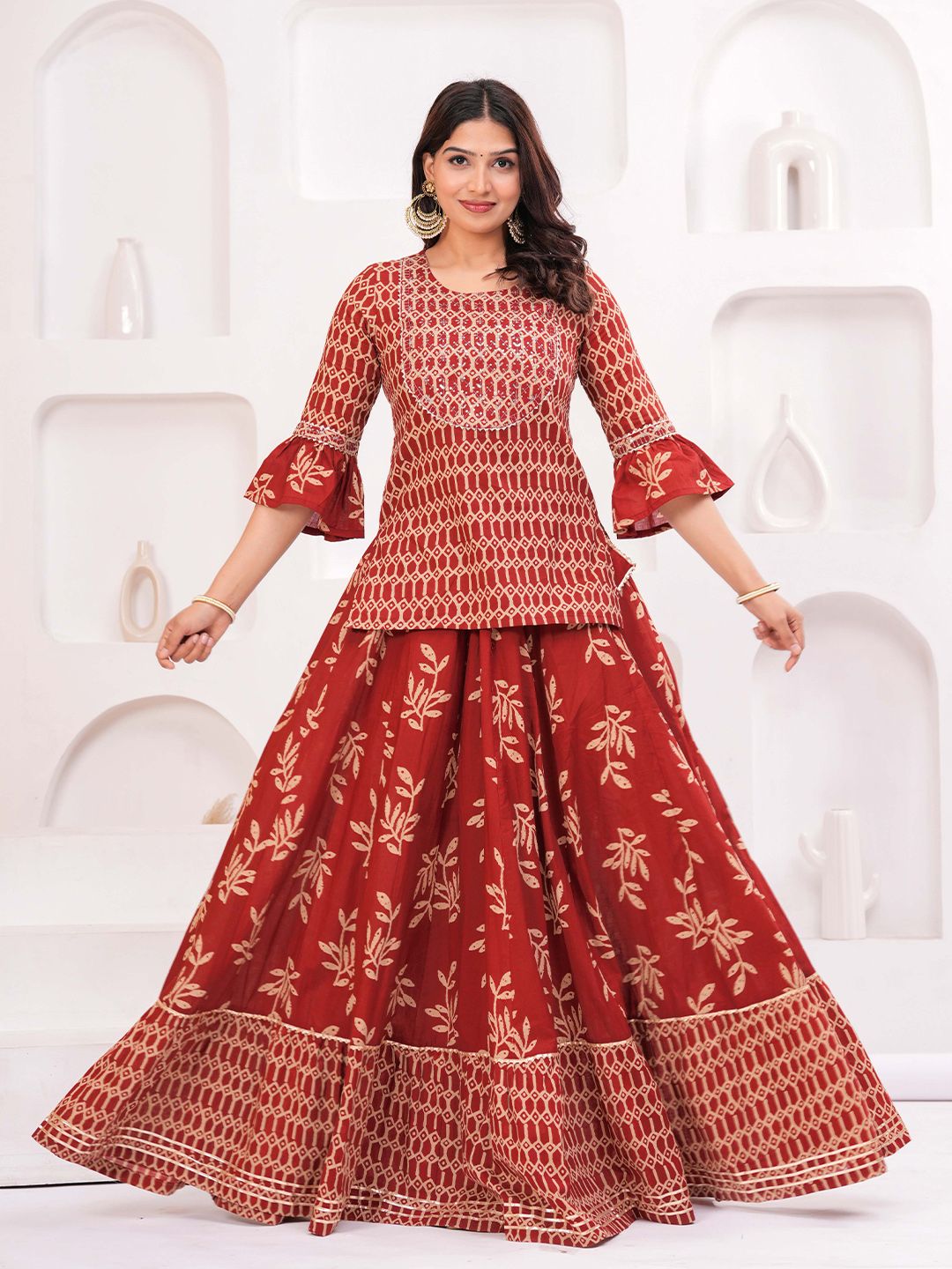 Dhiyona KL Women Ethnic Motifs Printed Cotton A-Line Kurti with Skirt & Dupatta