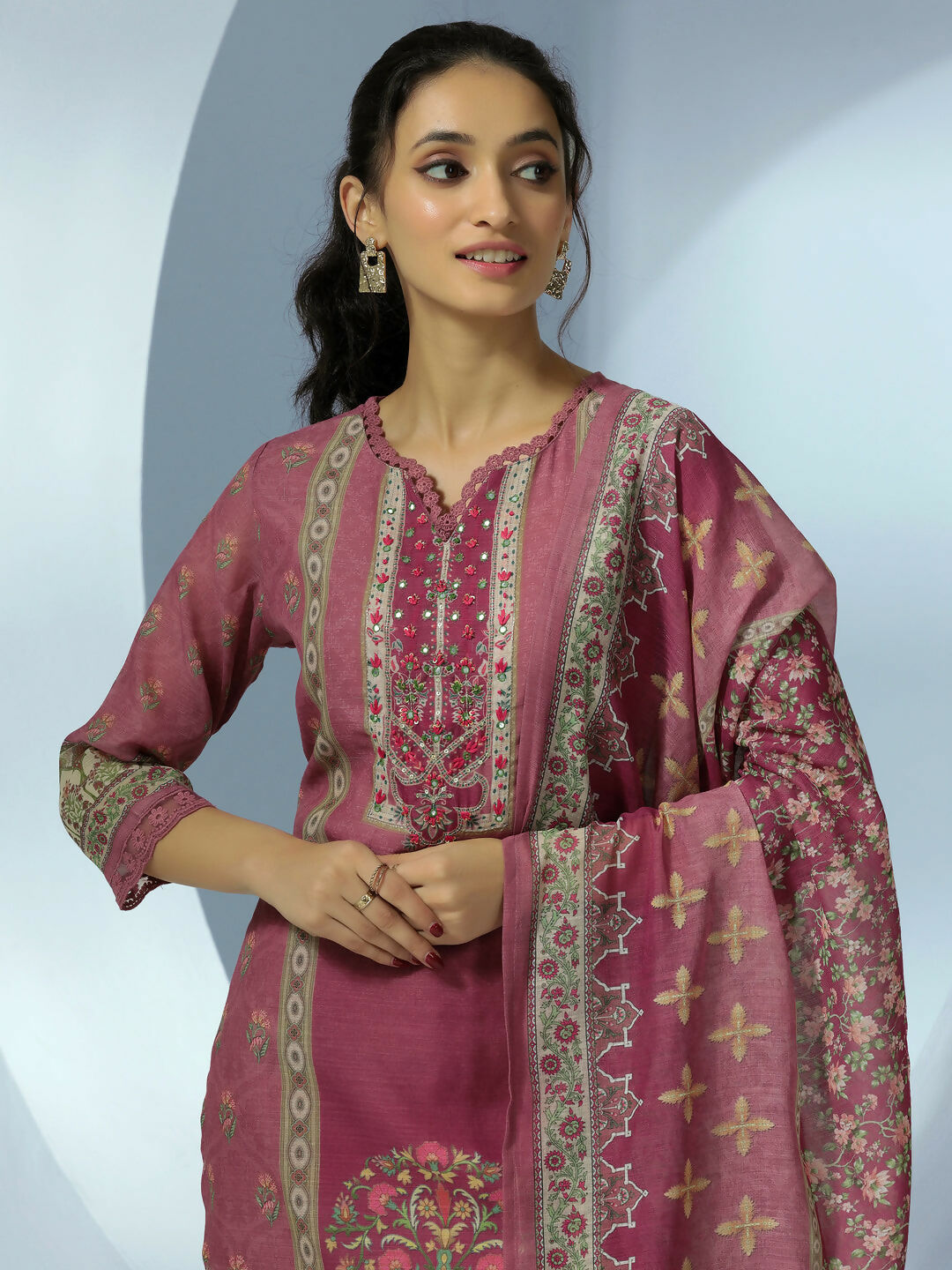 Women's LB Mauve Printed Linen Straight Suit With Dupatta