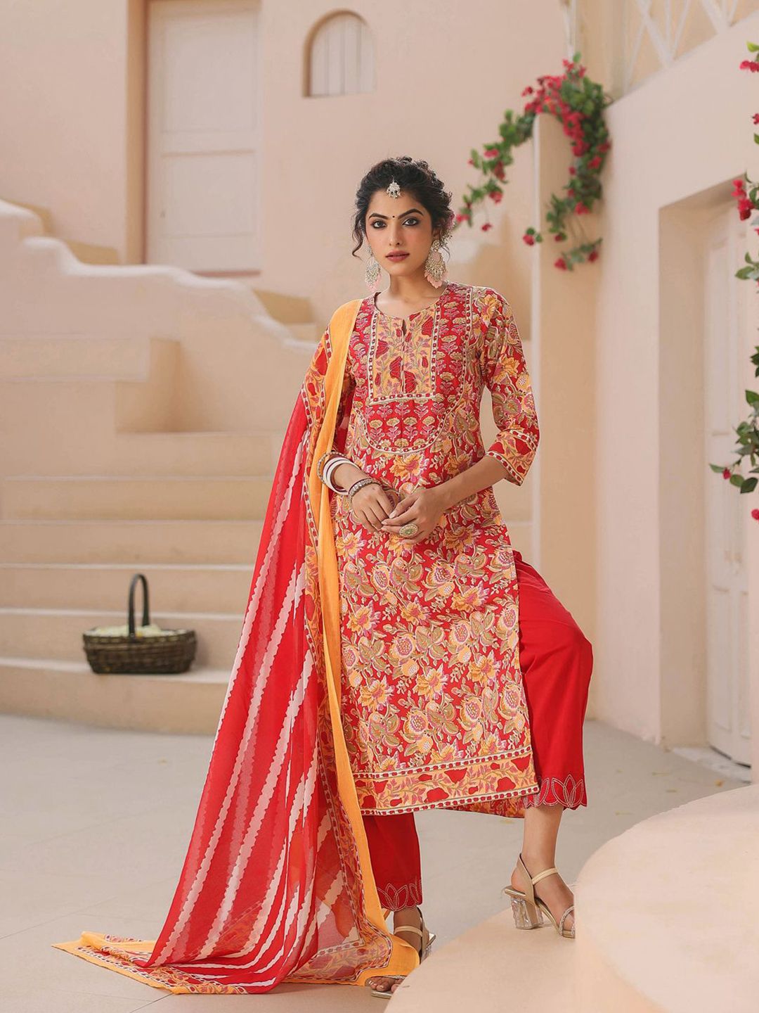 Dhiyona RR Women's Floral Printed Regular Sequinned Pure Cotton Kurta with Trousers & With Dupatta