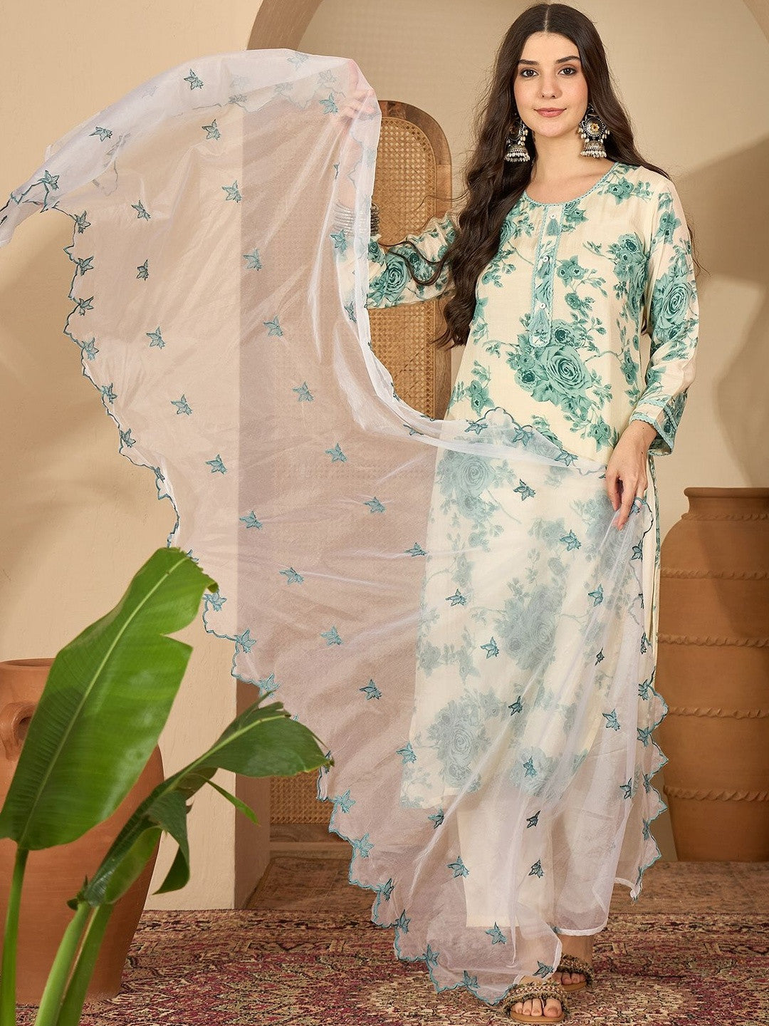 Dhiyona SN Women Floral Printed Regular Organza Kurta with Trousers And Embroidered Dupatta
