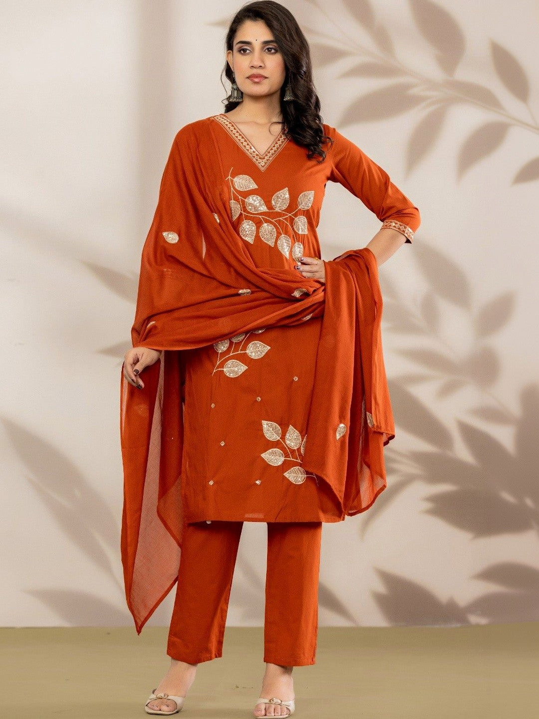 Women Ethnic Motifs Embroidered Regular Sequinned Pure Cotton Kurta with Trousers & With Dupatta