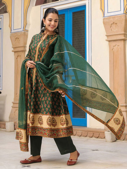 Dhiyona RR Women's Ethnic Motifs Printed Cotton Anarkali Kurta with Trousers & Dupatta