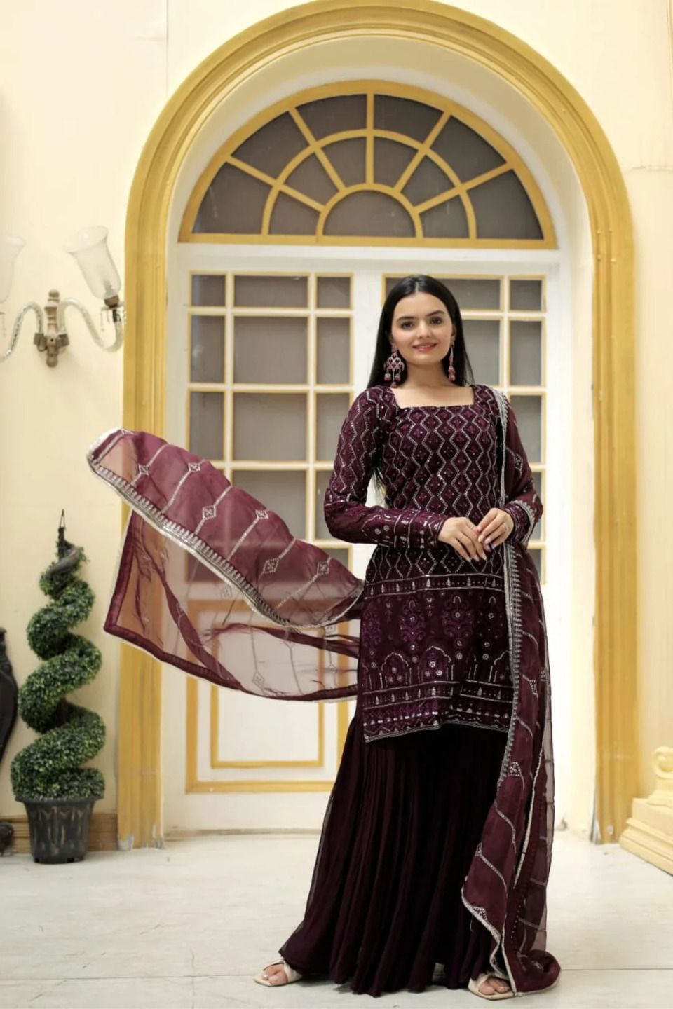 Dhiyona KL Chevron Embroidered Square Neck Sequinned Straight Kurta With Sharara & Dupatta