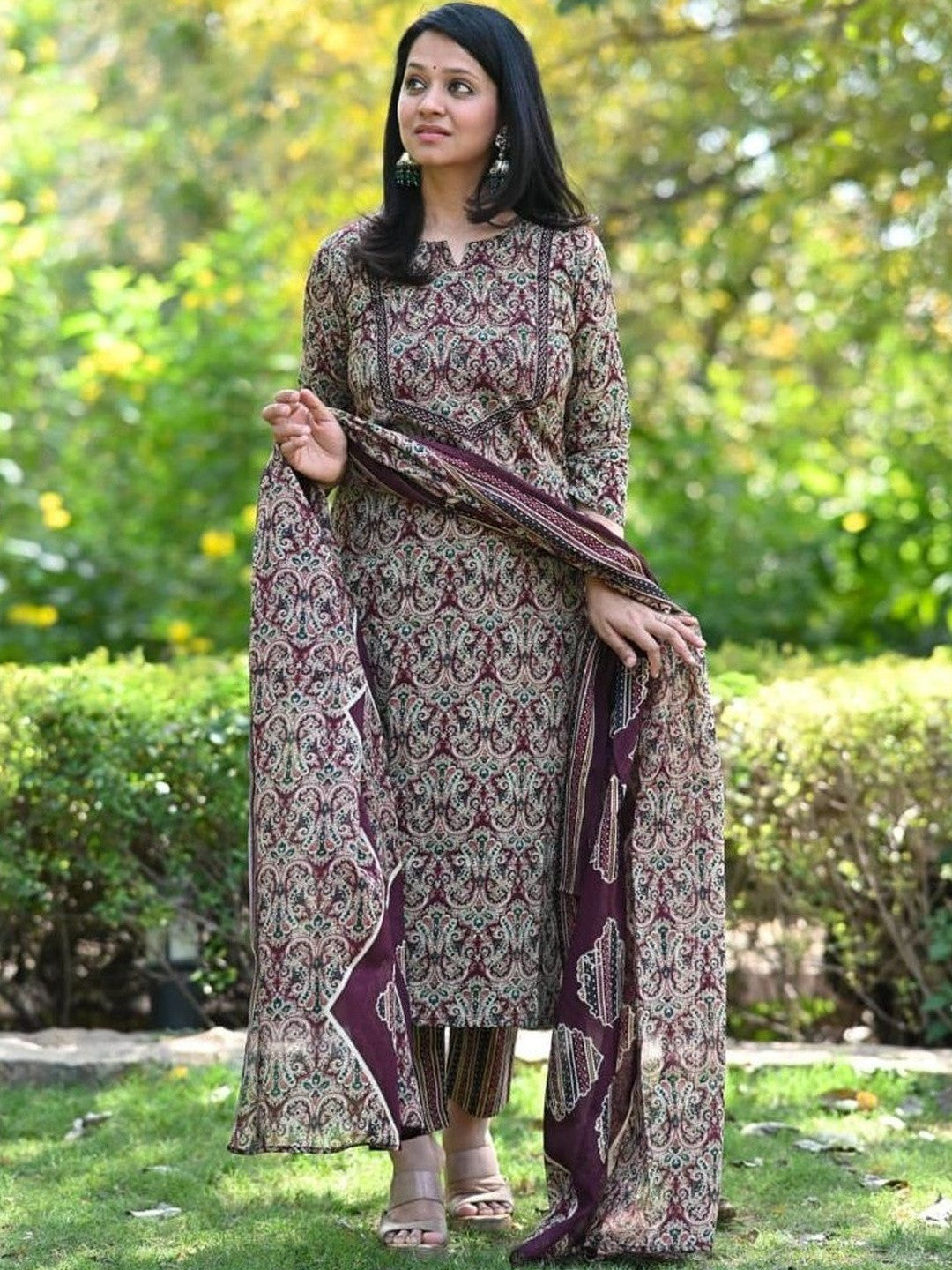 Printed Cotton Blend Boat Neck Kurta & Trousers With Dupatta