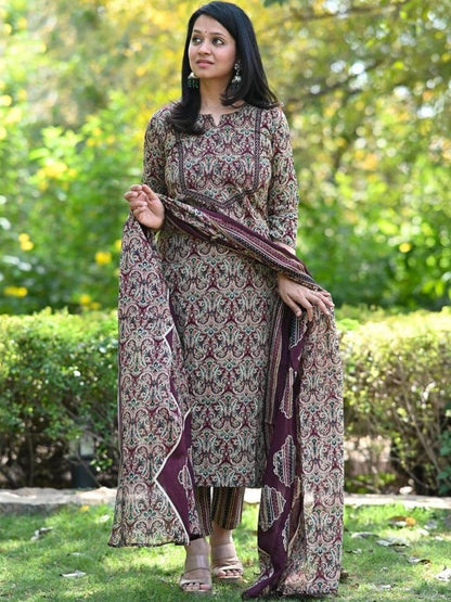 Printed Cotton Blend Boat Neck Kurta & Trousers With Dupatta