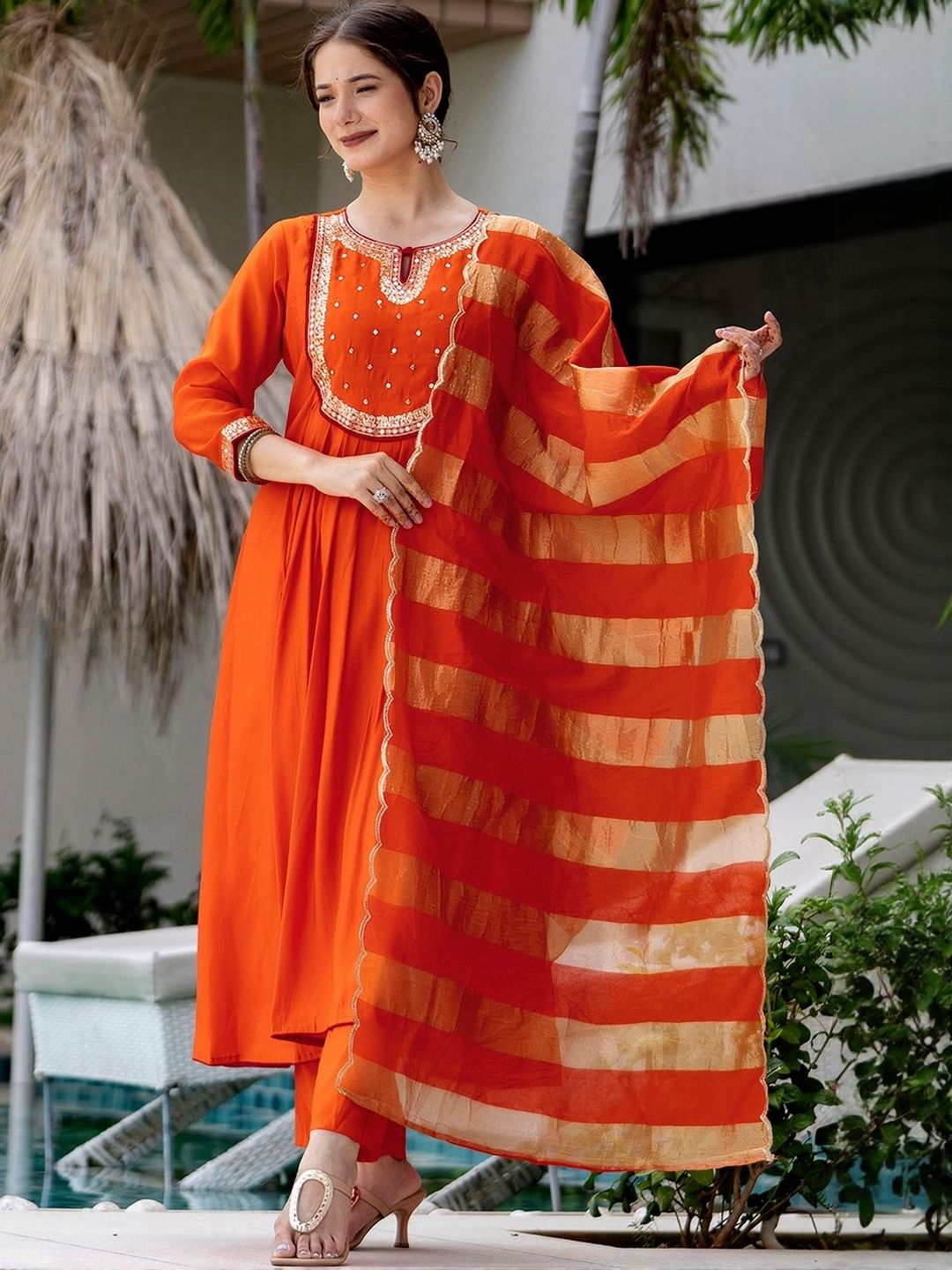 Dhiyona KL Women Embroidered Chanderi Silk Kurta with Trousers & Dupatta