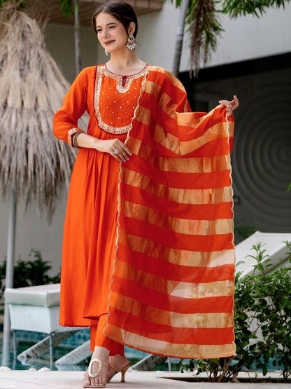 Dhiyona KL Women Embroidered Chanderi Silk Kurta with Trousers & Dupatta